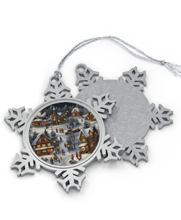 Exquisite Cozy Christmas Village Pewter Snowflake Ornament showcasing intricate details on both sides for a festive touch.