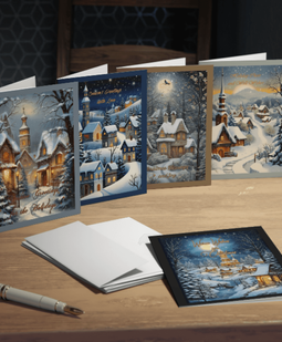 Cozy Christmas Village: Set of 5 festive holiday cards beautifully displayed on a table. Perfect for spreading warmth and joy this season.