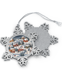 Uniques Festive Delight - Detailed view of Cozy Christmas Village Pewter Snowflake Ornament.