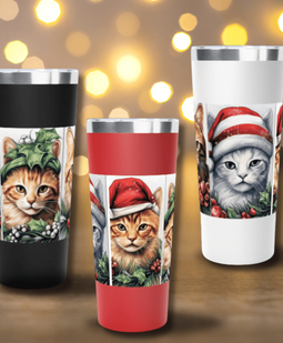 Uniques' Festive Feline Joy Tumbler Collection - Black, Red, and White variants standing together, a trio of stylish and artistic drinkware 