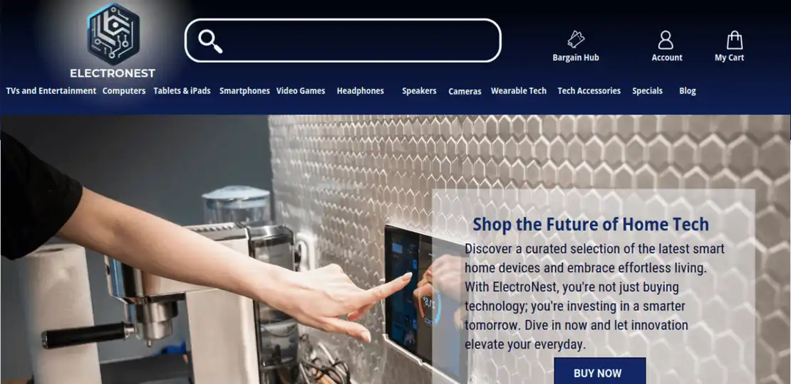 Interactive smart home devices featured on Electronest's e-commerce header with a 'Shop the Future of Home Tech' call-to-action.