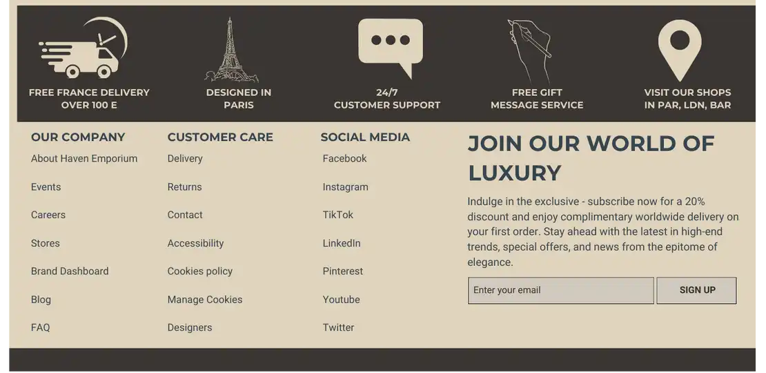 Footer of Haven Emporium's website with luxury branding and service details
