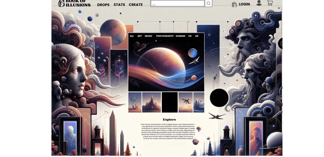 Homepage of the 'Book of Illusions' NFT platform featuring ethereal artwork with navigation for drops and creations