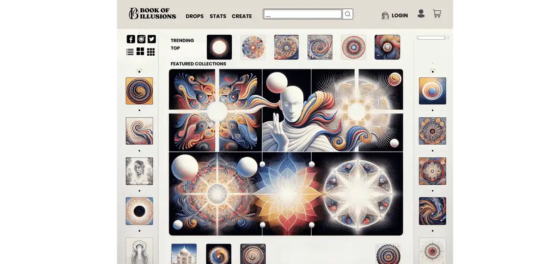 NFT collection page displaying a grid of vibrant digital artworks, including abstract designs and intricate patterns, with categories 