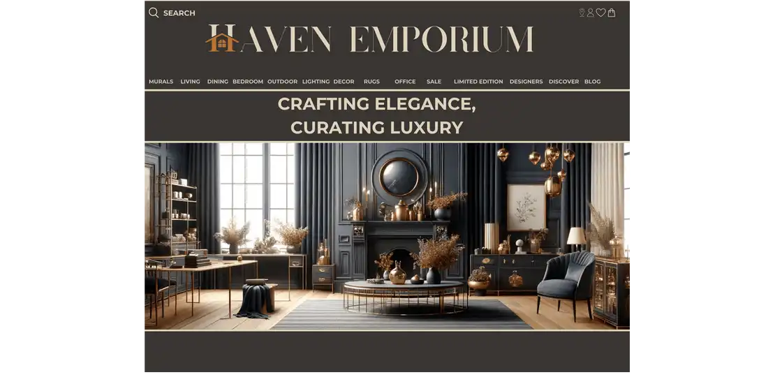 Luxury home interior decor from Haven Emporium's website header.