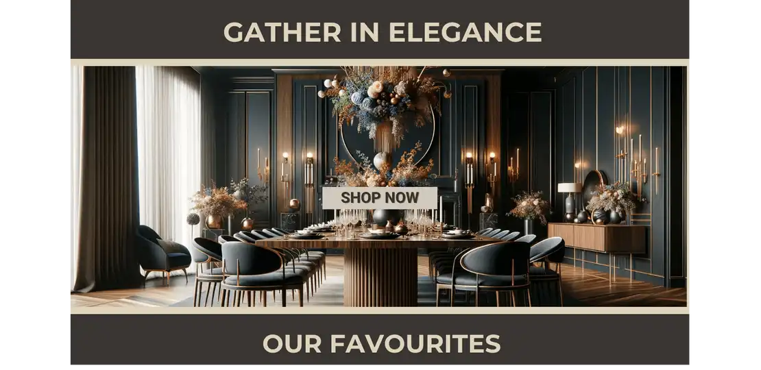 Elegant dining room setup titled 'GATHER IN ELEGANCE' from Haven Emporium.