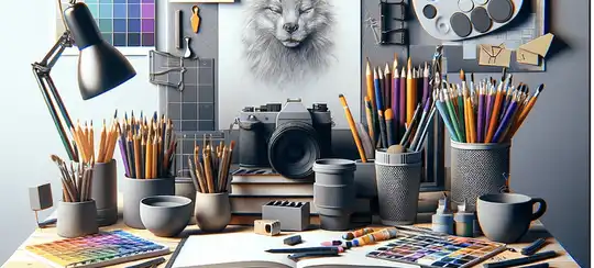 Photo-realistic studio setup for coloring, with tools, palette, and examples of techniques on a desk, ready for creative exploration.