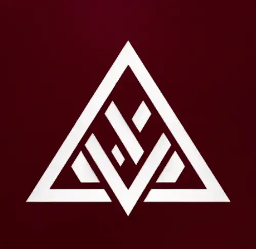 Uniques logo in white on a burgundy background, abstract triangular and geometric design.