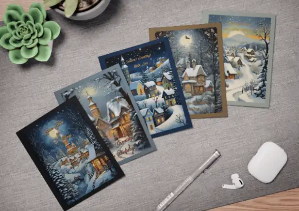 Charming Cozy Christmas Village Cards: A delightful set of 5 festive cards showcased on a table, capturing the spirit of the season. 