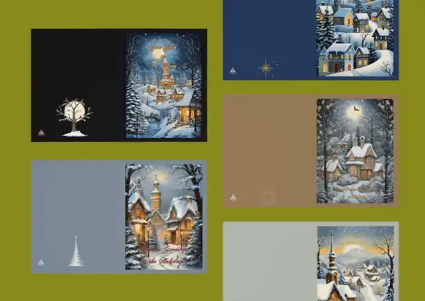 Cozy Christmas Village Cards: Inviting cover design for our set of 5 festive cards, promising a season of warmth and joy
