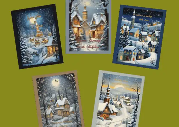 Front View Cozy Christmas Village Cards: Explore the magic with our set of 5 enchanting holiday cards, ready to brighten hearts and homes