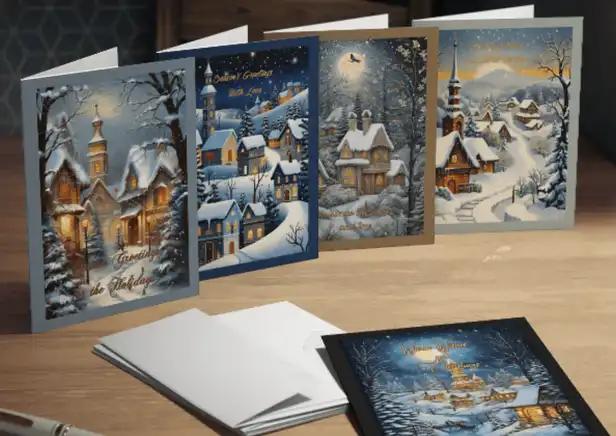 Cozy Christmas Village: Set of 5 festive holiday cards beautifully displayed on a table. Perfect for spreading warmth and joy this season.