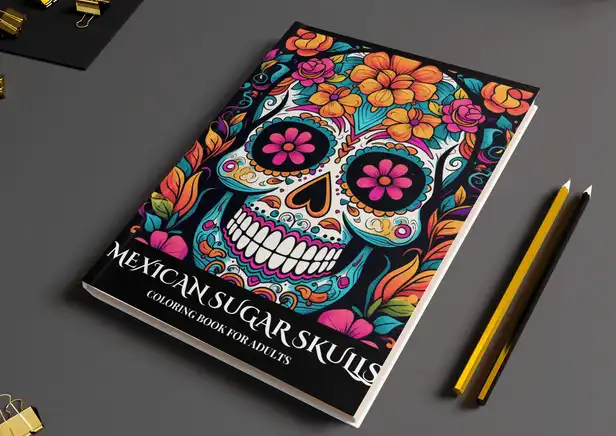  'Mexican Sugar Skulls Coloring Book' - Top View on Desk